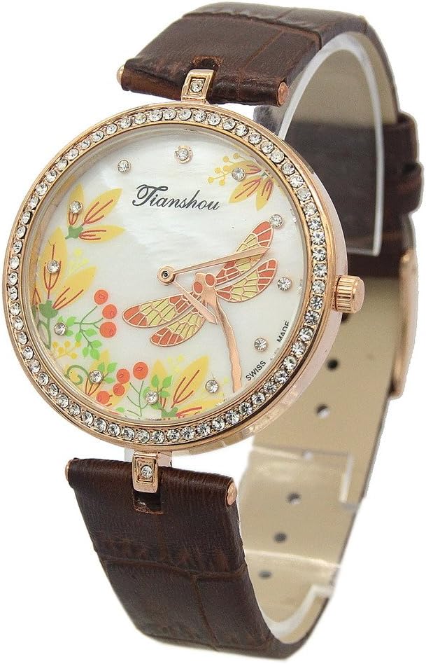 Groupstars New Style Women Rhinestone Dragonfly Brown Leather Quartz Wrist Watches