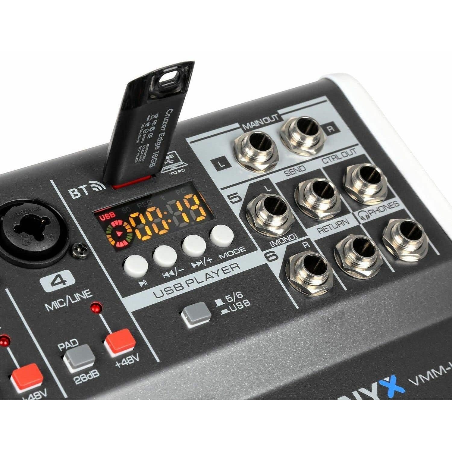 Vonyx VMM-K602 - Music Mixer 6 Canali, Bluetooth, USB-Audio-Interface, LED VU Meter e Peak LED, Uscita cuffie, 4 x ingressi Mono Microfono/Line (Combo XLR/jack da 6,3 mm)