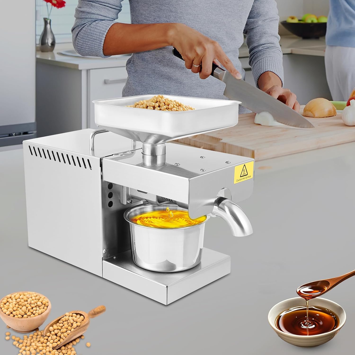 610W Oil Press Machine, 110V Home Commercial Automatic Oil Press Extractor, Steel Stainless Electric Cold and Hot Press Oil Expeller for Peanut, Sunflower, Tea Oil, Walnut Oil, Olive Oil