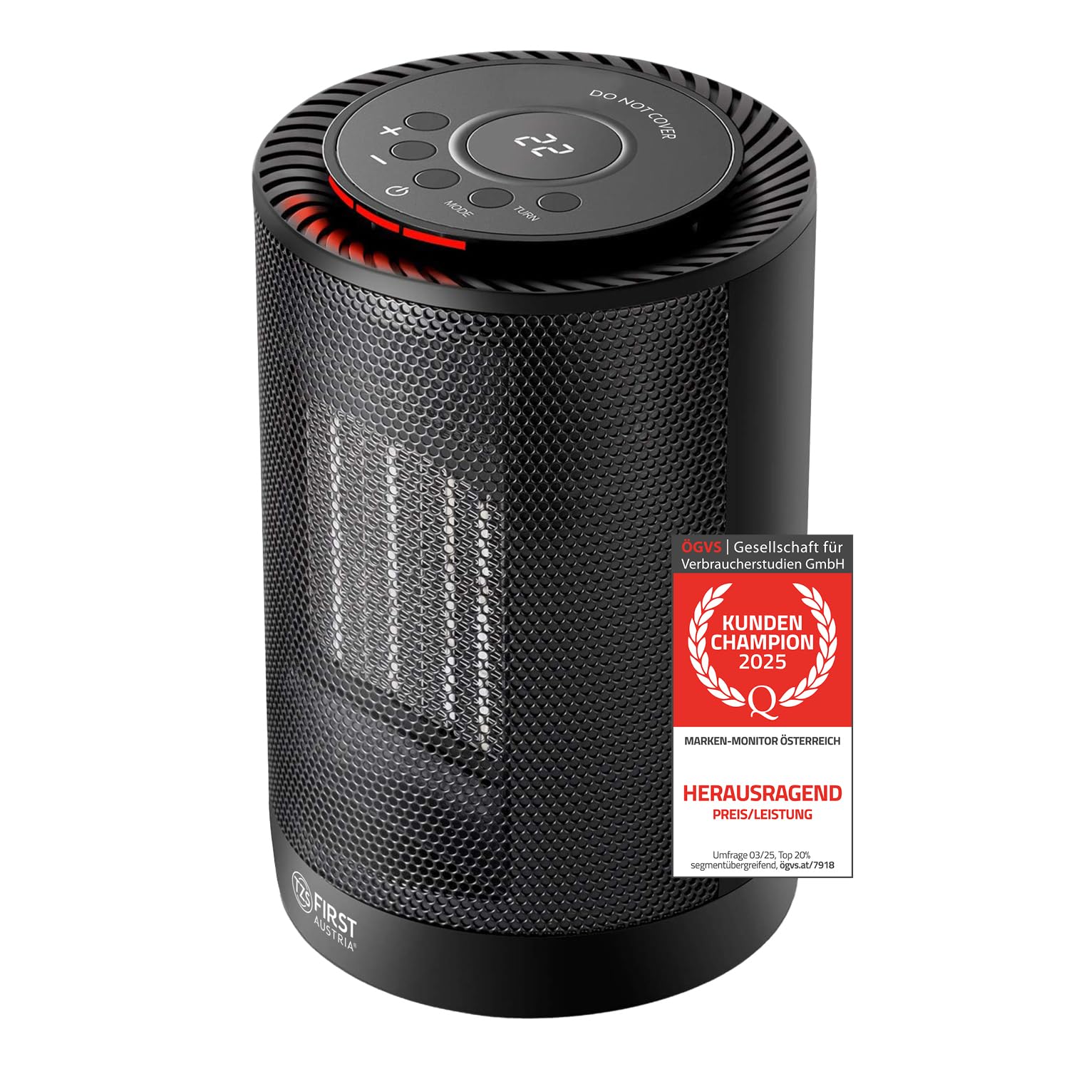 TZS First Austria Heizlüfter energiesparend | Kleiner & leiser Heizstrahler mit Keramik Heizelement | Heizgerät mit Oszillation | Elektroheizung 600-1200 Watt, Timer, Thermostat, Umkippschutz, schwarz