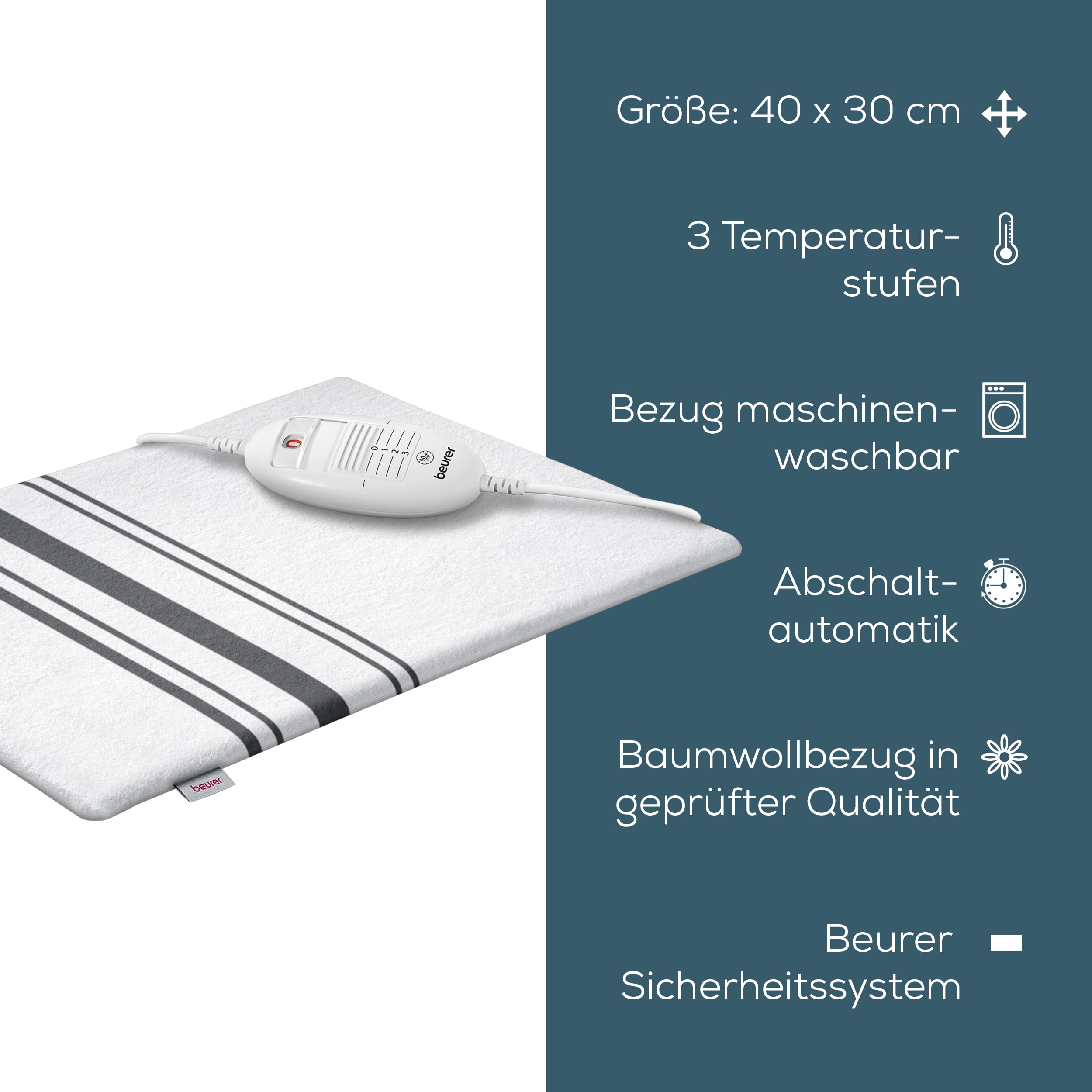 Beurer HK 25 Heizkissen, kuscheliges Wärmekissen mit 3 Temperaturstufen, Abschaltautomatik und Sicherheitssystem, made in Europe, maschinenwaschbar, 40 x 30 cm, weiß-grau