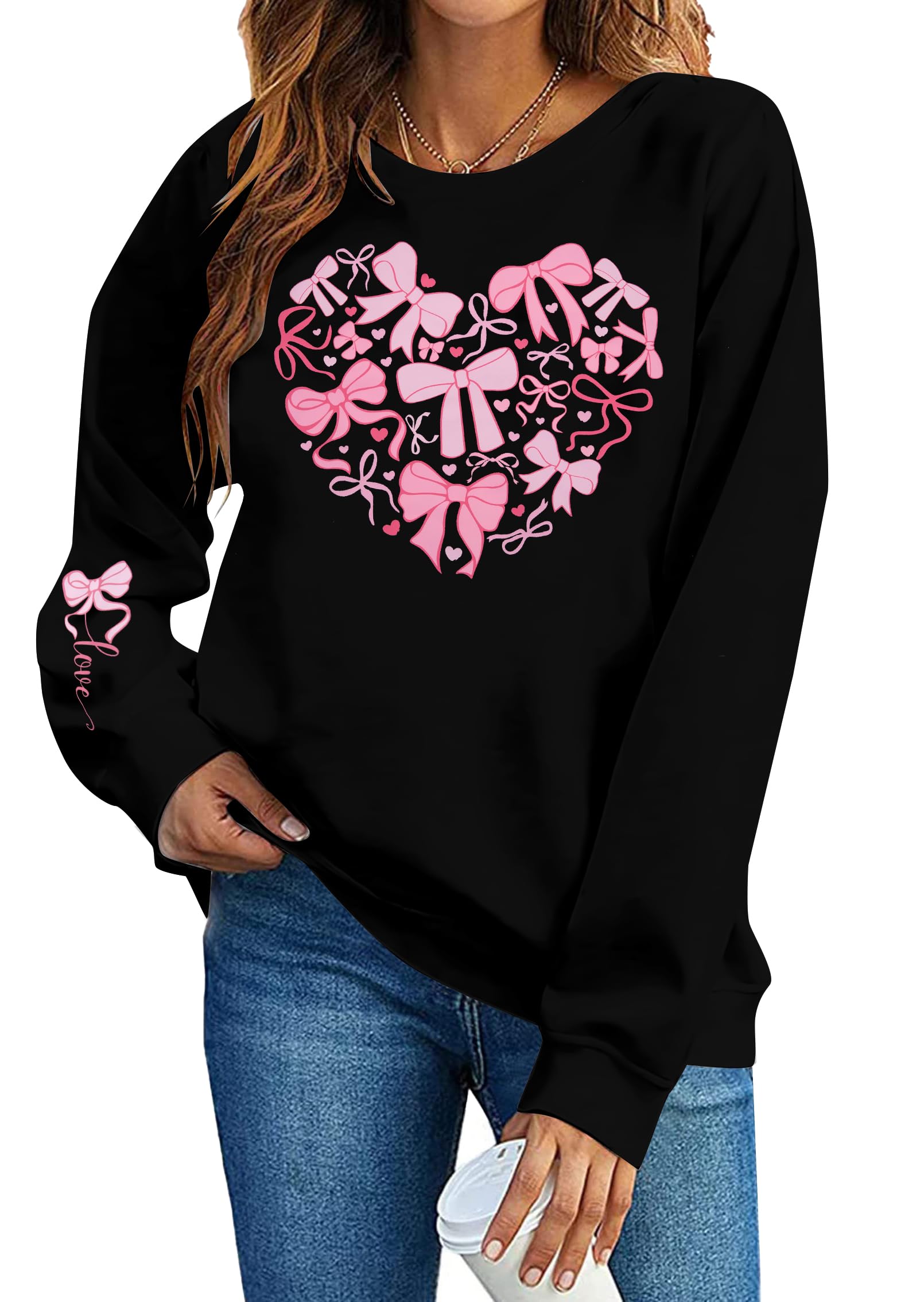 Valentines Day Sweatshirt for Women Valentine Cute Love Heart Graphic Shirts Casual Pink Bow Print Pullover Tops-image-13