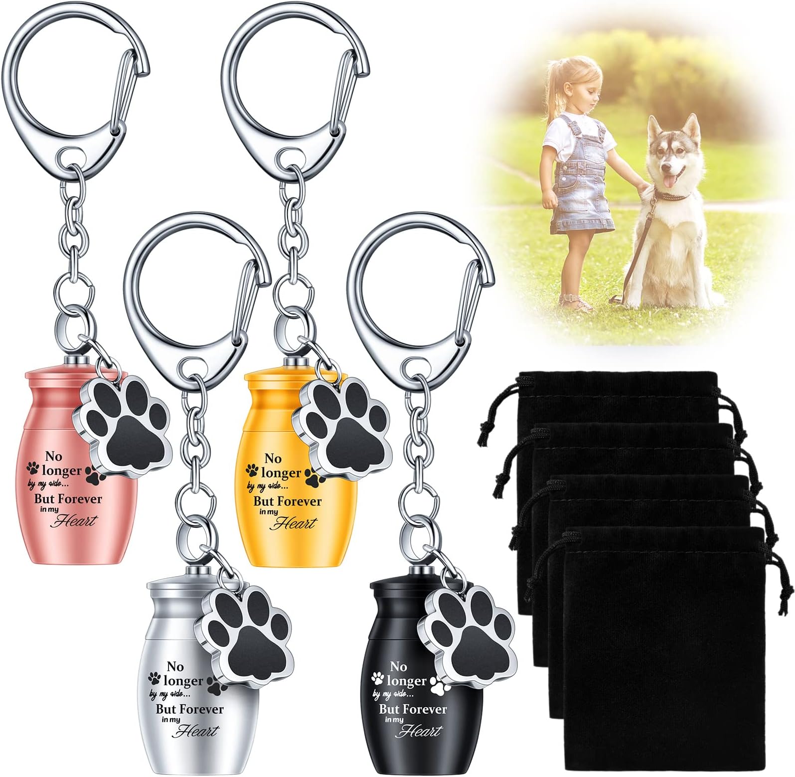 Batiyeer 4 Pcs Pet Ashes Keychain Urn – Secure Screw Top Stainless Steel Dog Cremation Keepsake with Paw Charm & Velvet Bags, Mini Memorial Urn for Dog or Cat Ashes