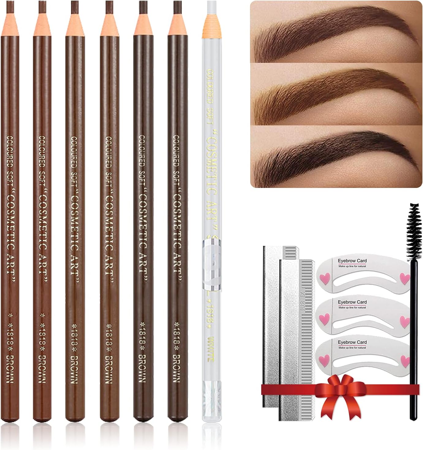 Waterproof Eye-Brow Pen-cil Set, Pull Cord Peel-off Eyebrow Pencil Microblading Eyebrow Pen Supplies Kit, White Eye-Liner Pencil and Eyebrow Tool Tattoo Makeup (6+1 Brown+Dark Brown+Light Brown)