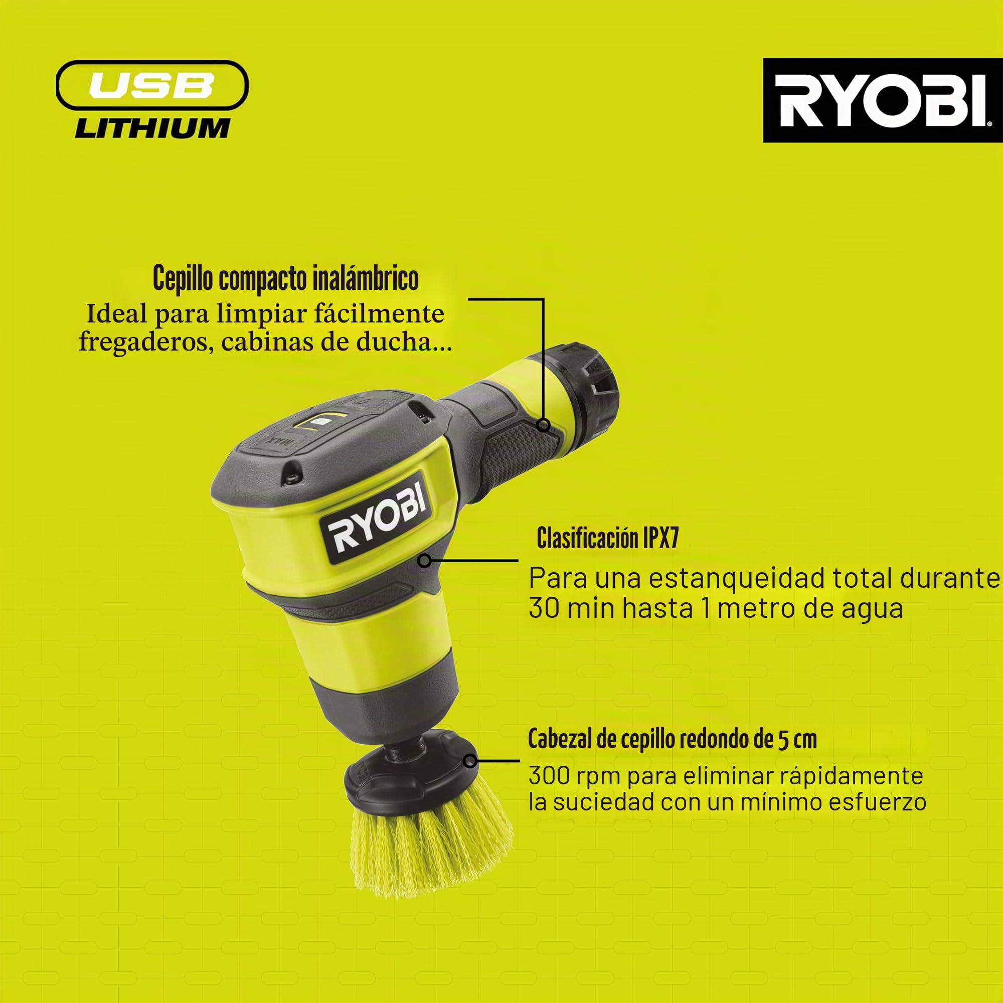 RYOBI – Cepillo motorizado 4 V USB de Litio – RSCR4-0 – Recursión, Impermeable IPX7, 2 velocidades