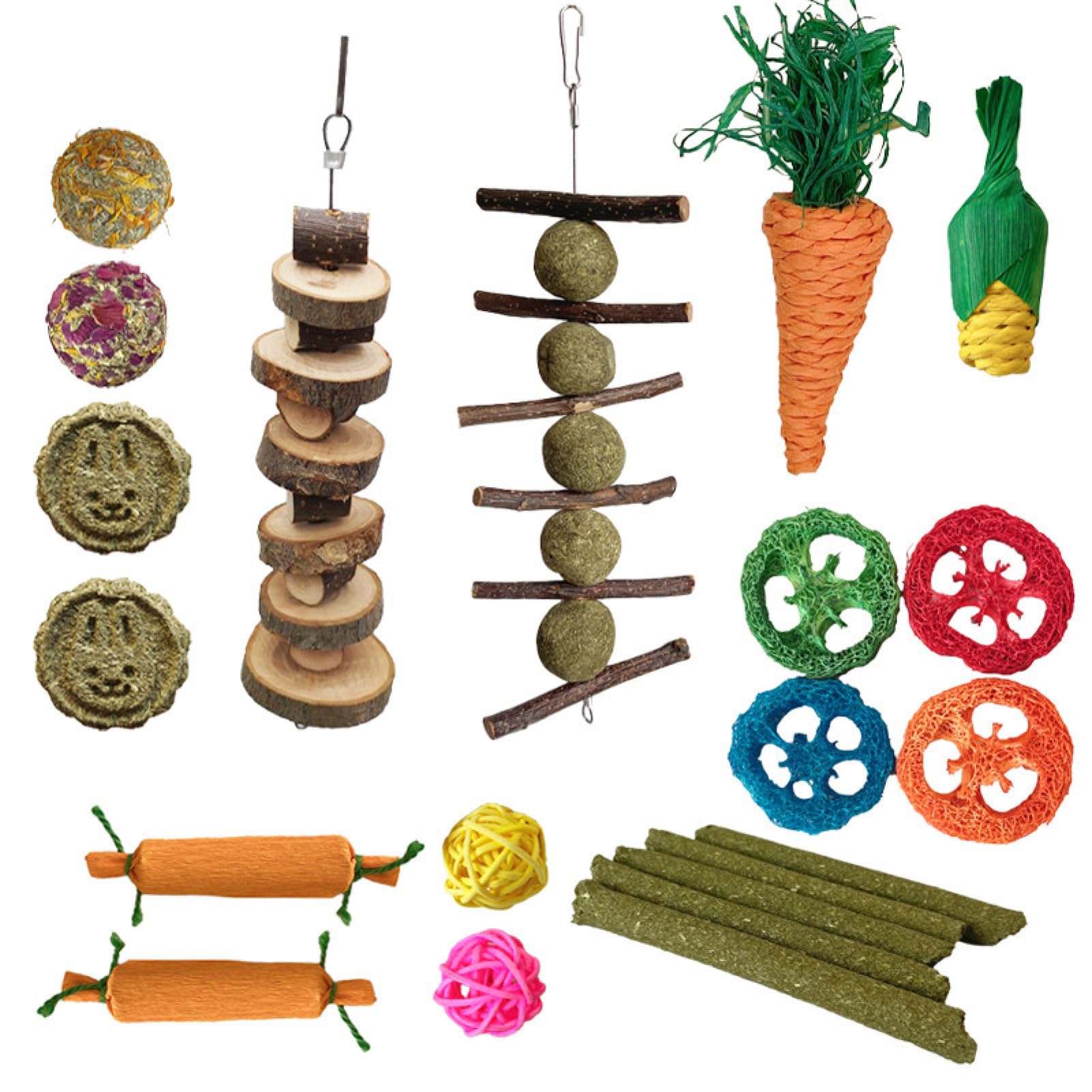 21pcs Juguetes para Conejos, Juguetes Masticables para Conejos, Hámsters, Cobayas Chinchillas, Juegos para Roedores, Palos Heno Timoteo, Palos Manzano, Bolas Ratán para Mascotas con Dientes