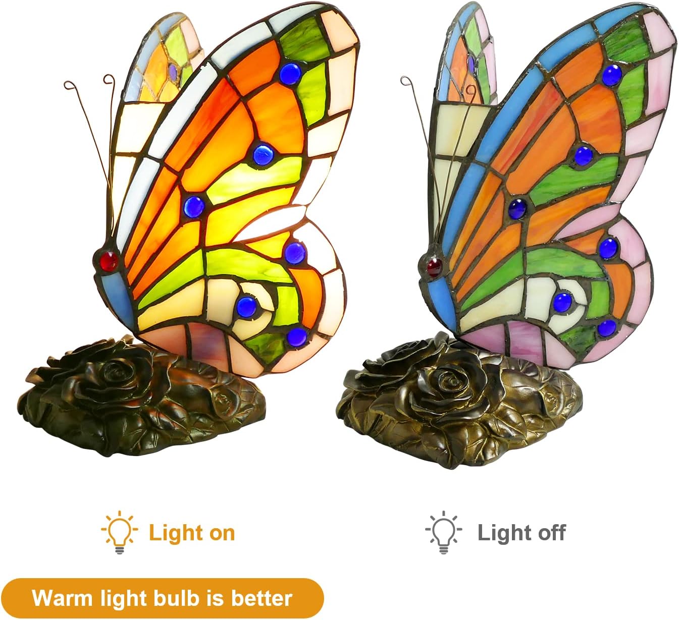 Tiffany Style Orange Butterfly Table Lamp LED Bedside Table Lamp Colorful Small Night Light Reading Lamp 5.9" Wide 9" Tall Stained Glass Lamp LED Bulb Included