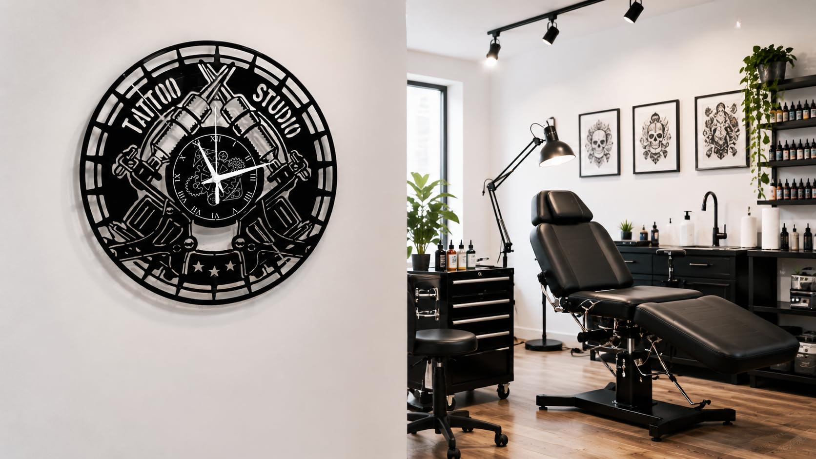 Winylowy zegar ścienny vintage ręcznie wykonany plemienny tatuaż sklep studio tatuaż, cichy