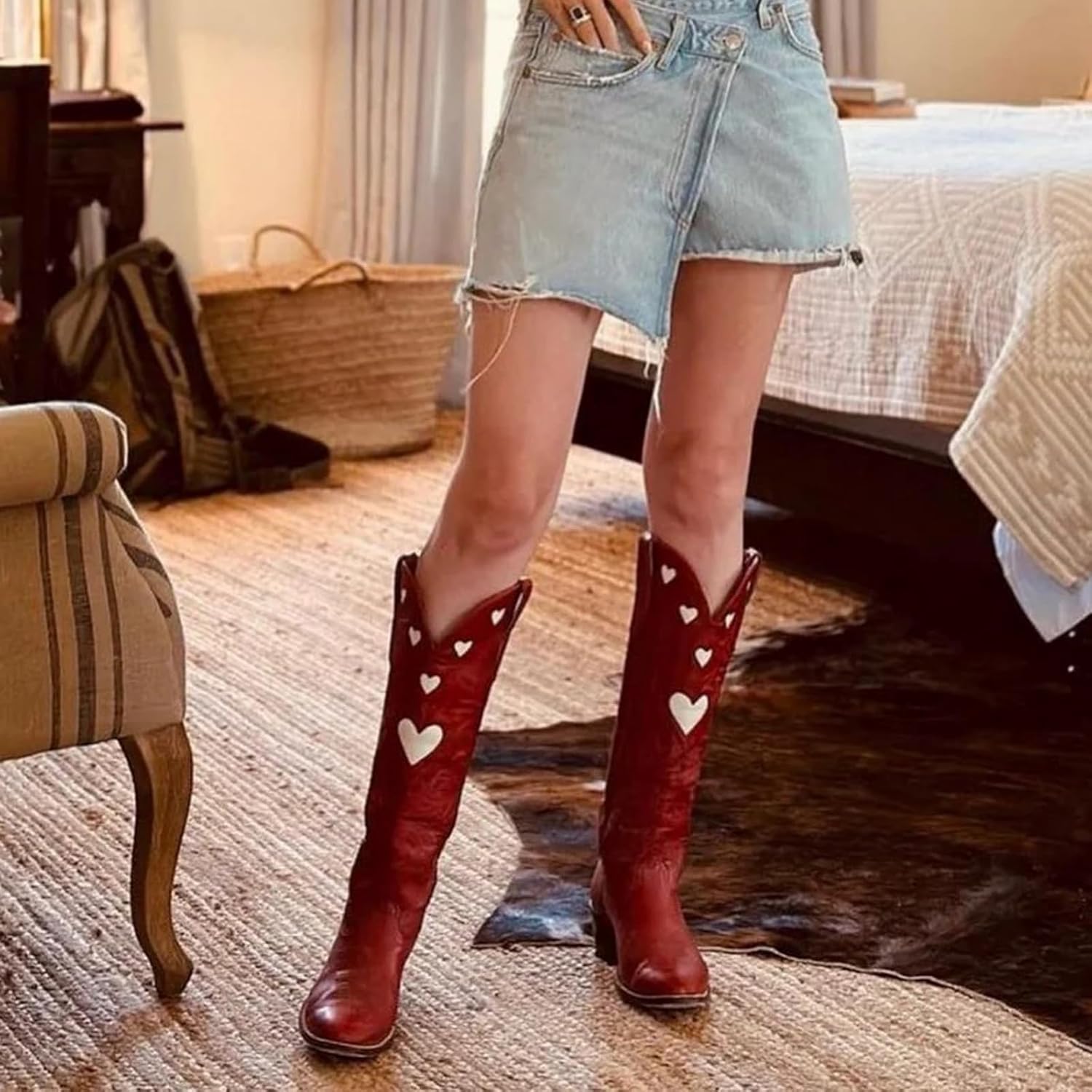 Cowboy Boots for Women Wide Calf Round Toe Chunky Stacked Heel Knee High Cowgirl Boot Heart Pattern Classic Embroidered Tall Western Booties Pull on - Image 4