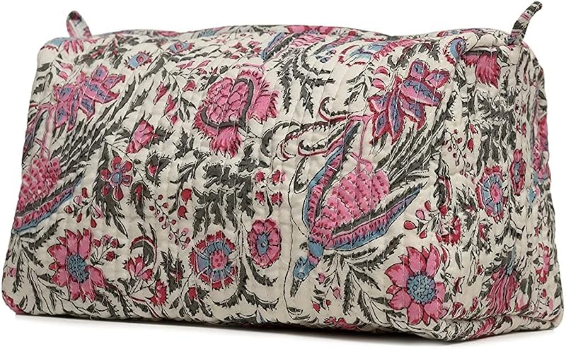 Necessaire de algodão com estampa floral em block print BLOCK N STYLE, off-white, 20,07 x 17,48 x 11,43 cm