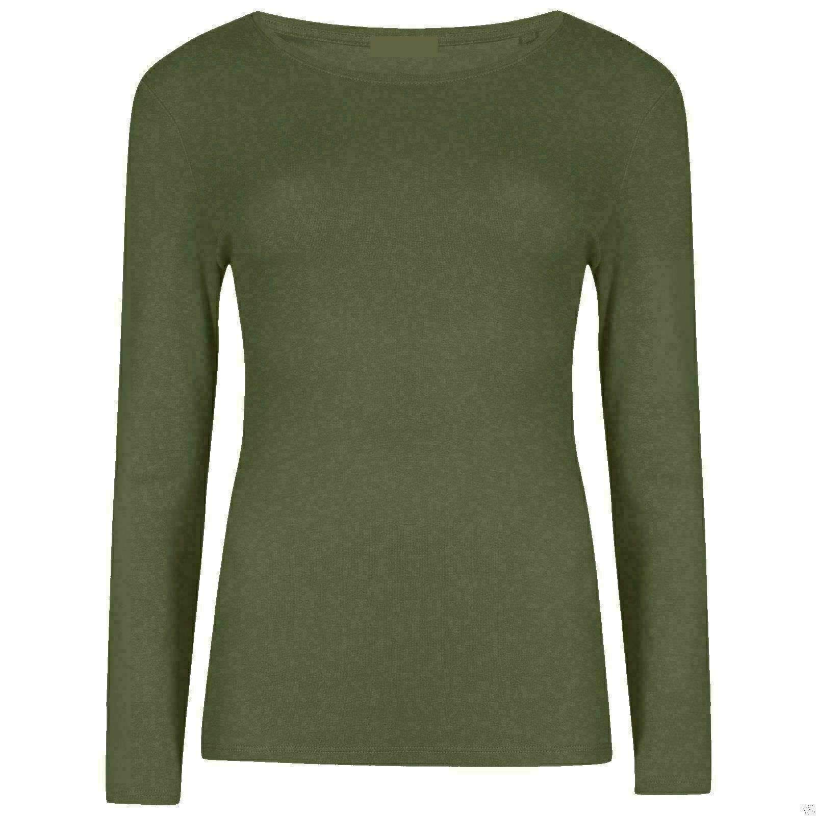 Ladies Women Basic Long Sleeve Plain Round Neck Ladies Stretch Plus Size Top T Shirt (Khaki, XL)