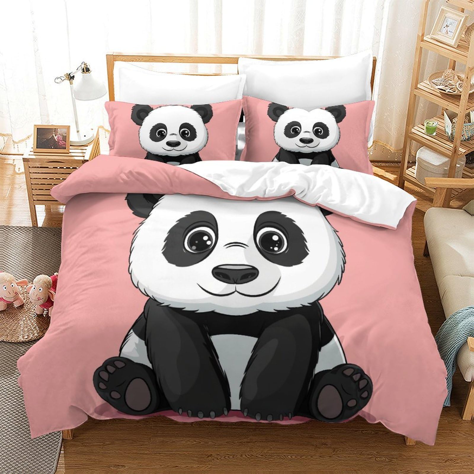 Housse de couette 3 pièces 260x220cm parure de lit panda grand lit adulte et enfant