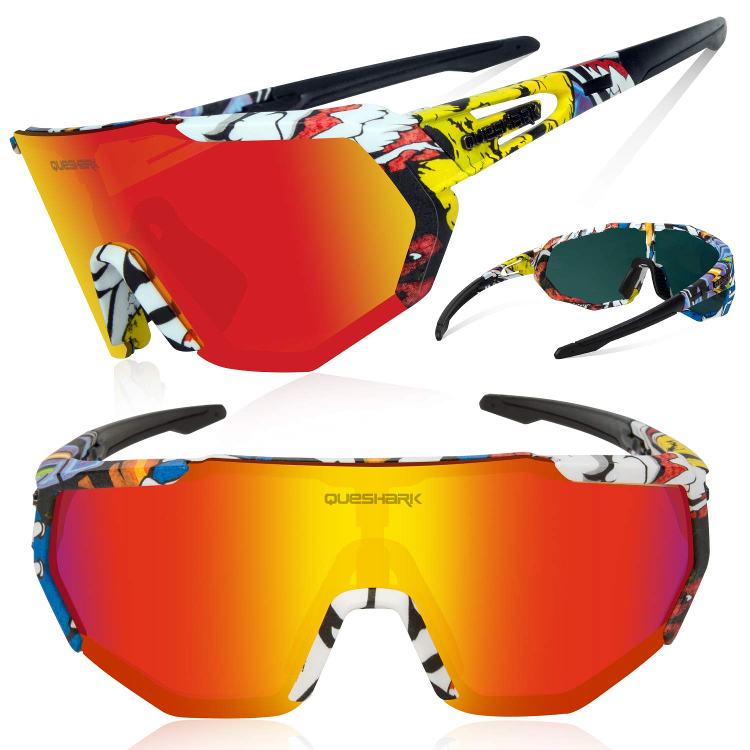 Queshark Polarizzati Anti-UV con 3 o 5 Lenti Occhiali da Ciclismo Bici MTB Intercambiabili per Sport Uomo Donna Guida Pesca Golf Baseball Corsa