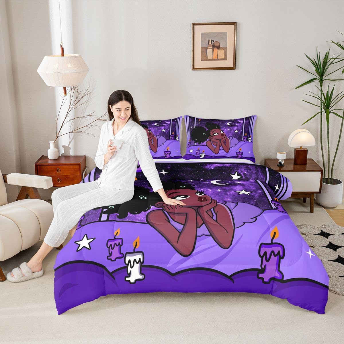 Black African Girls Comforter Set Queen Size,Africa and American Girly Bedding Sets 3Pcs Kids Girls Boys Women Room Decor,Cartoon Anime Theme Quilted Duvet Moonlit Night Down Comforter,2 Pillowcases