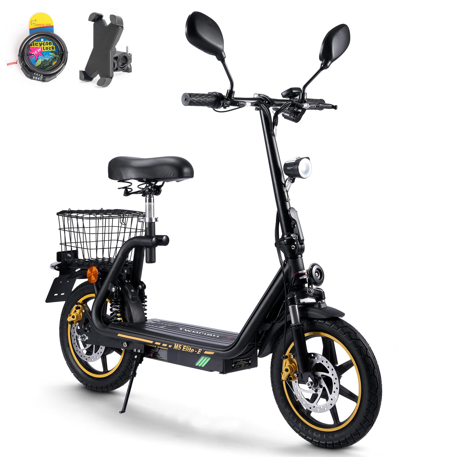 TWOFISH Elektro Moped 500W mit 48V 13Ah Akku, EEC Zertifiziert, 30 km Reichweite, 14 Zoll Reifen, 45 km/h, Motorroller mit Straßenzulassung, Elektro Motorrad mit Sitz & Korb, M5 Elite E (Schwarz)