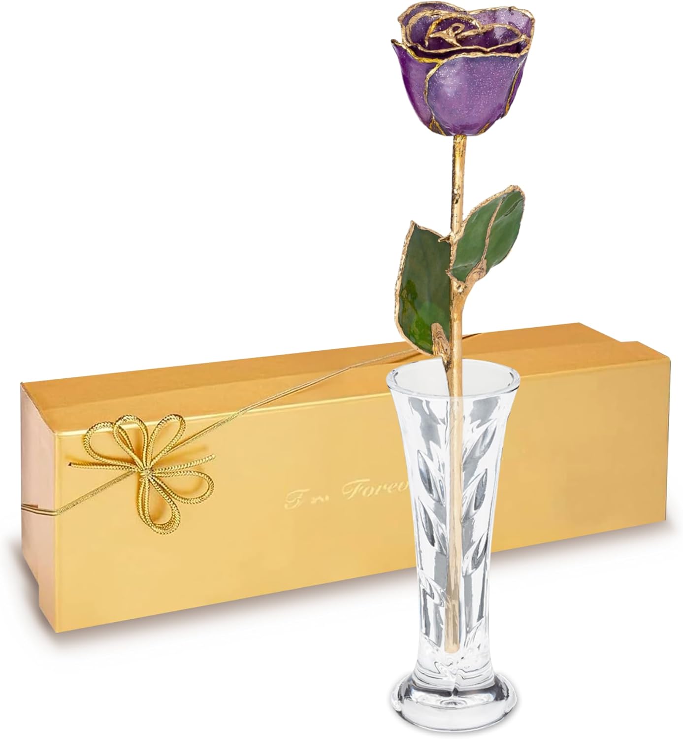 Forever Rose Hand-Dipped in 24K Gold, Amethyst-Inspired February Birthstone with Sparkles, Real Rose in Luxury Gold Gift Box & Clear Glass Bud Vase – Perfect Ready for February Birthday - Any Occasion