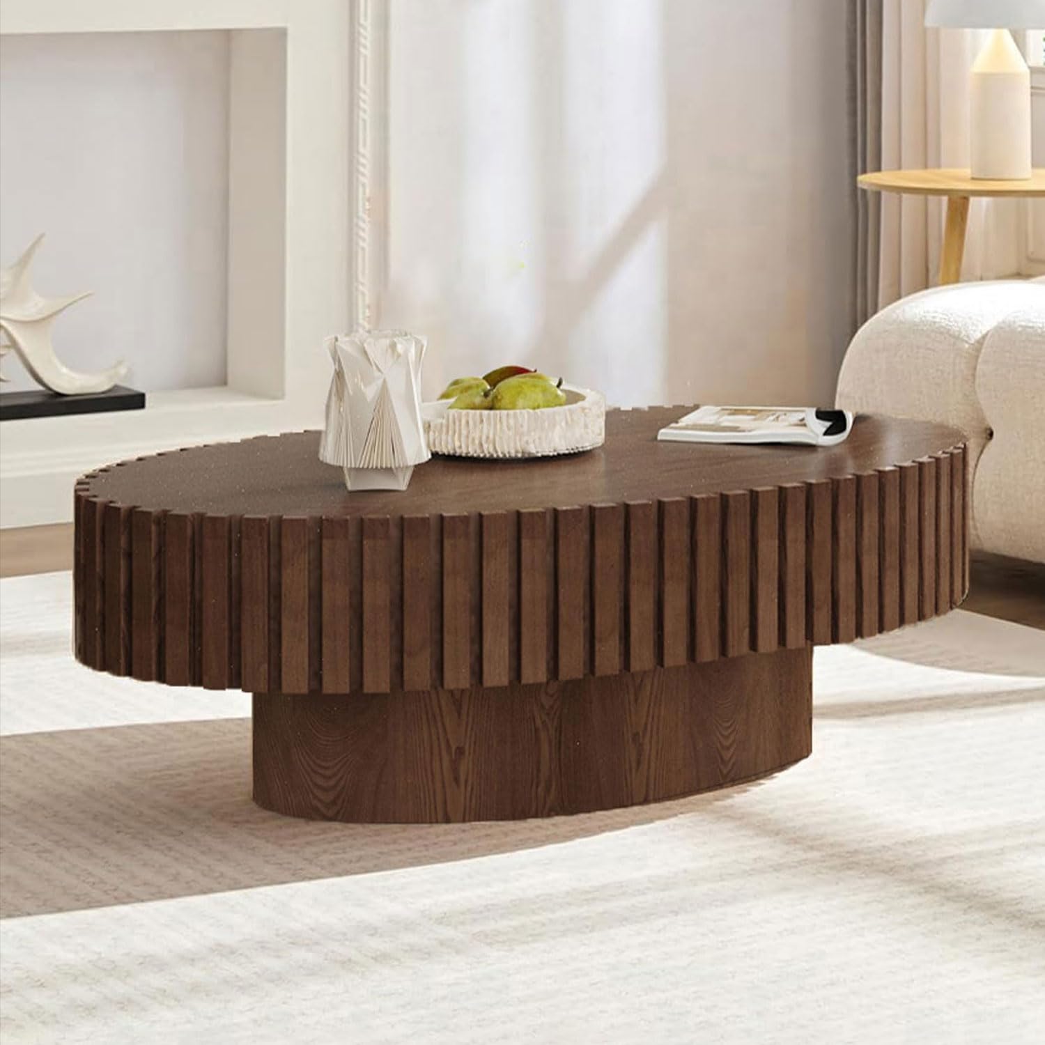 110 cm Mesa de Centro Ovalada, Nogal | Diseño de Madera Estriada, Moderno de Mediados de Siglo - Mesa Central para Salón, Apartamento - Montaje Sencillo