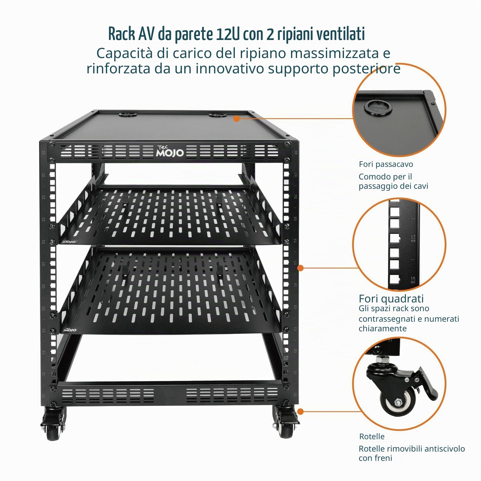 Tecmojo Rack di rete a telaio aperto 12U, compatibile con 19", montaggio a pavimento e a parete, con 2 ripiani 1U per server e hardware di montaggio, rack per apparecchiature AV e IT per ufficio/casa