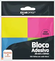 BLOCO ADESIVO COLORIDO 38MMX50MM NEON BLISTER/4BLOCOS JOCAR OFFICE