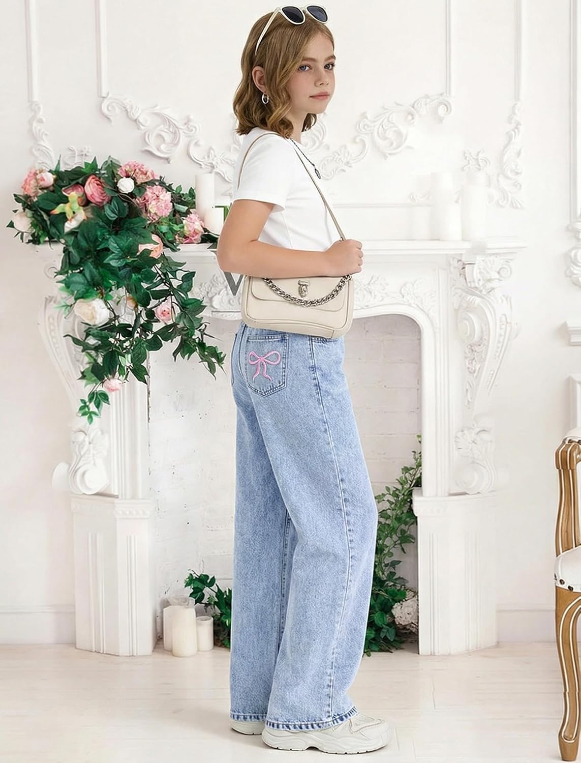 Girls Baggy Jeans Wide Leg High Elastic Waisted Bow Embroidered Straight Pant Y2k Cute Tween Skater Streetwear