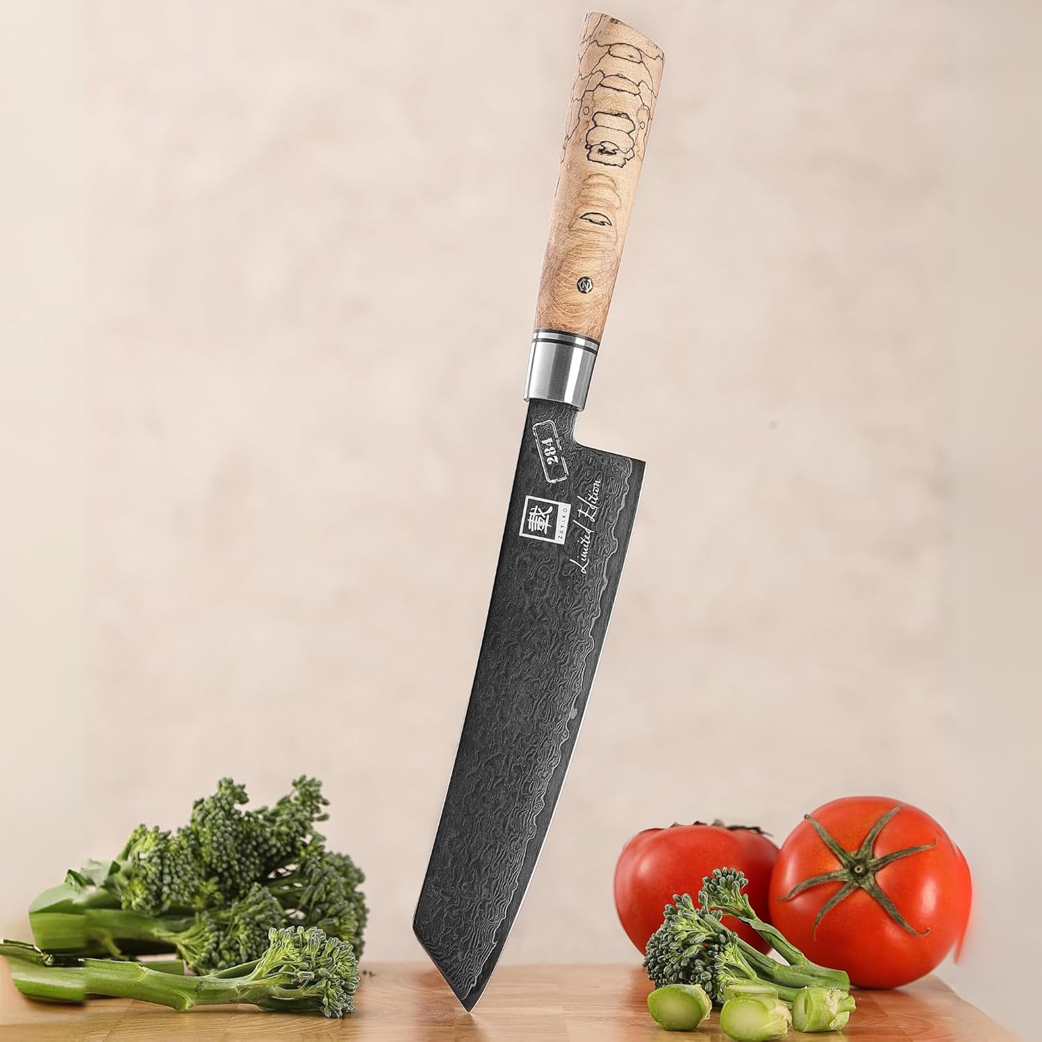 zayiko Limited Edition Kiritsuke Knife Black Meteor – 8-Inch Damascus Blade | 67 Layers Steel with VG10 Core & Titanium Coating | Maple Wood Handle | Professional Kitchen Knife in Gift Box