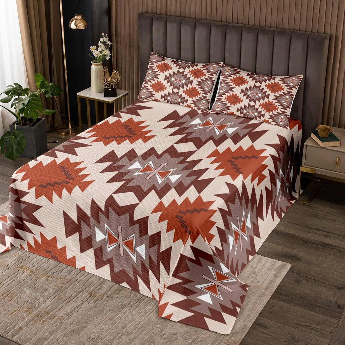jejeloiu Southwest Native Bedspread Southwestern Geometric Bedspread for Kids Boys Girls Tribal Coverlet Set Orange Brown Quilted with 2 Pillowcases 3Pcs Bedding Queen
