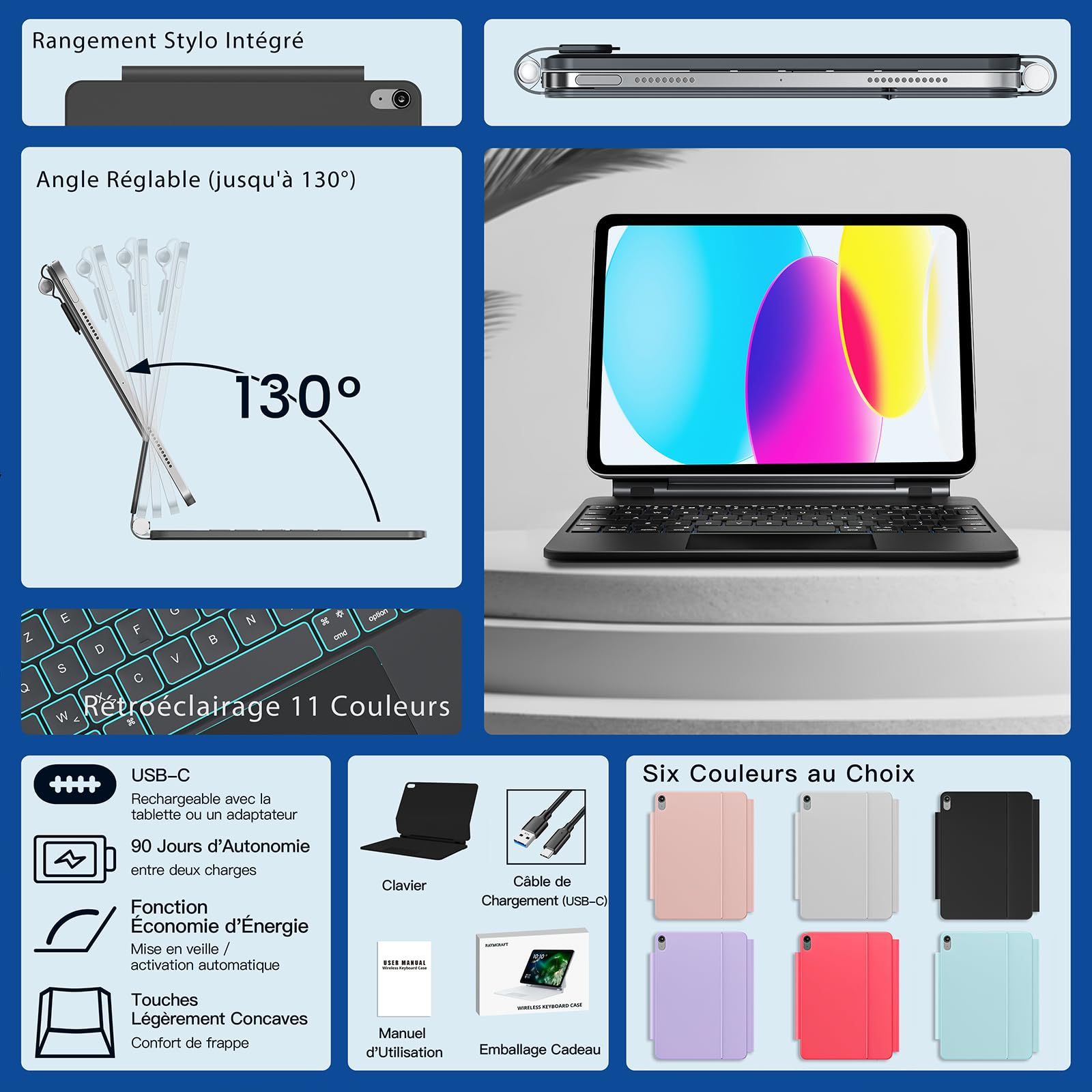 RAYMCRAFT Coque Clavier pour iPad (A16) 11e/10e Génération, Magic Keyboard pour iPad A16 2025/10e 10.9 Pouces, Rétroéclairage 11 Couleurs, Support Magnétique, Smart Trackpad, Boucle pour Stylet, Noir