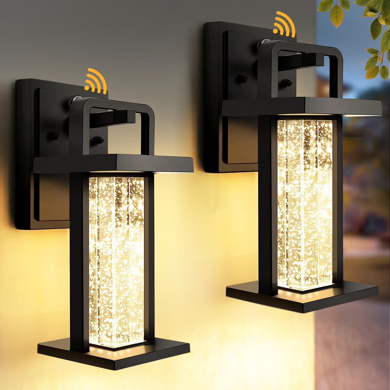 2 Packs Dusk to Dawn Outdoor Lights Fixure Wall Mount for House with Bubble Crystal Glass,Black Front Porch Lights Waterproof 10W 480LM Integrated Sconce,3000K for House Patio