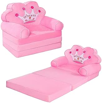 MOONBEEKI Kids Couch Fold Out, Foldable Princess Chair for Toddlers 1-3, Sofa Bed for Kids Folding Toddler Bed Lounger Chair for Bedroom (Pink)