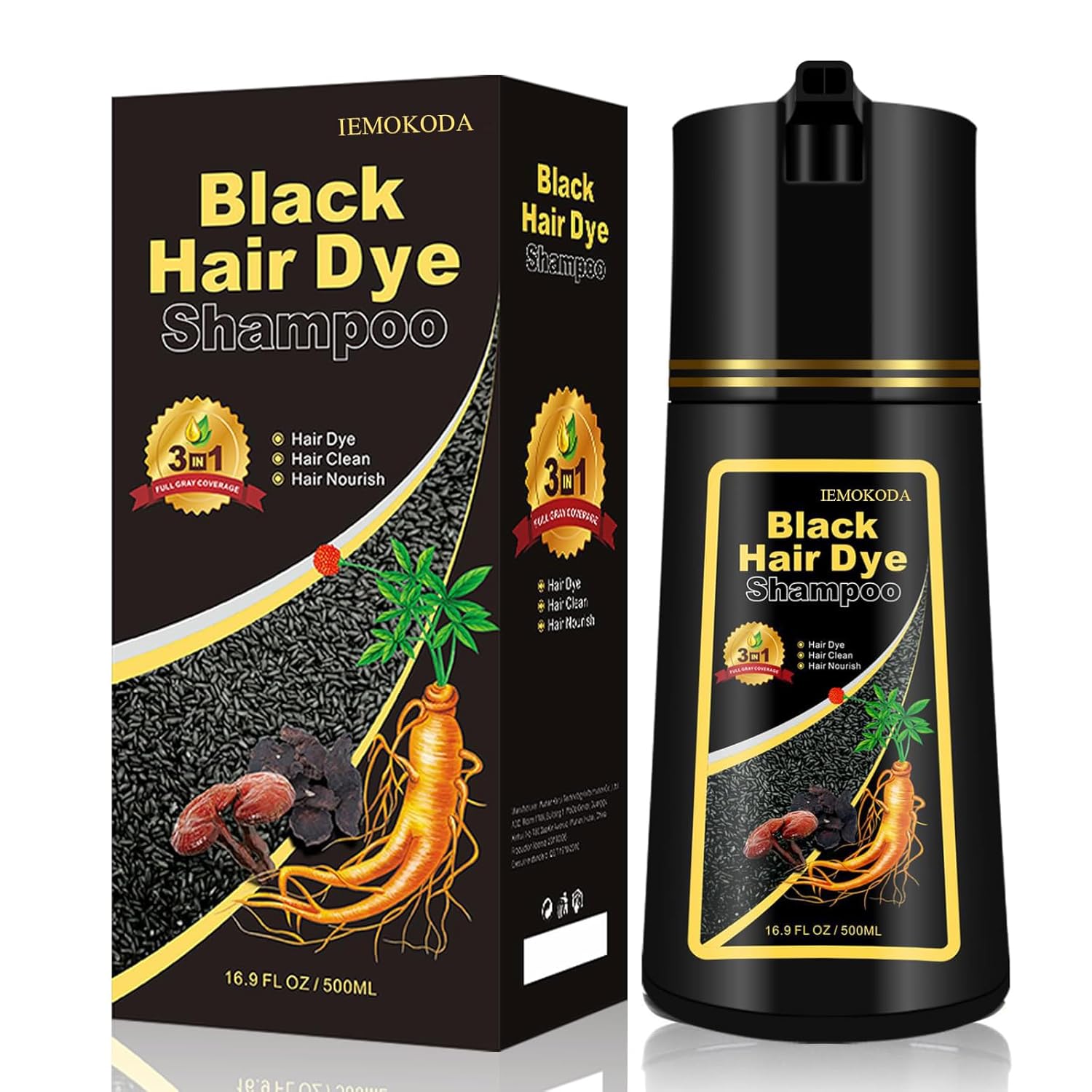 Natural Black Hair Dye Shampoo 3 in 1, Hair Instant Dye Shampoo to Cover Gray Hair for Women Men, Herbal Black Shampoo Hair Dye 500ML, Magic Coloring Shampoo for Painting Hair, Shampoo Para Canas