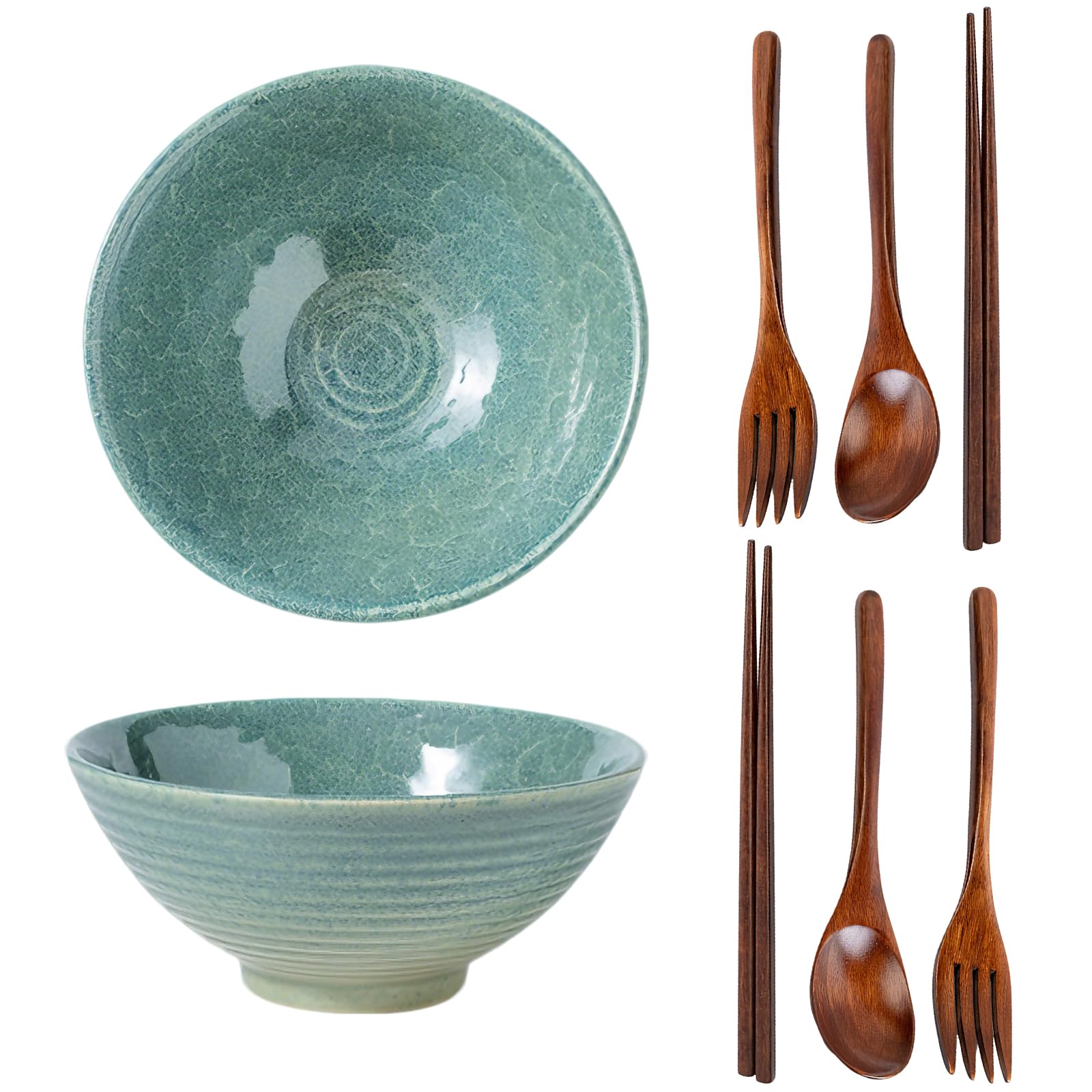 Ramen Schüssel Set 1200 ml Suppenschüssel aus Keramik Bowl Schüssel mit Essstäbchen Löffel und Gabeln Ramen Bowl 20 cm Ramen Schale für Pho-Suppe Spaghetti Salat Müsli (Eisriss Grün)