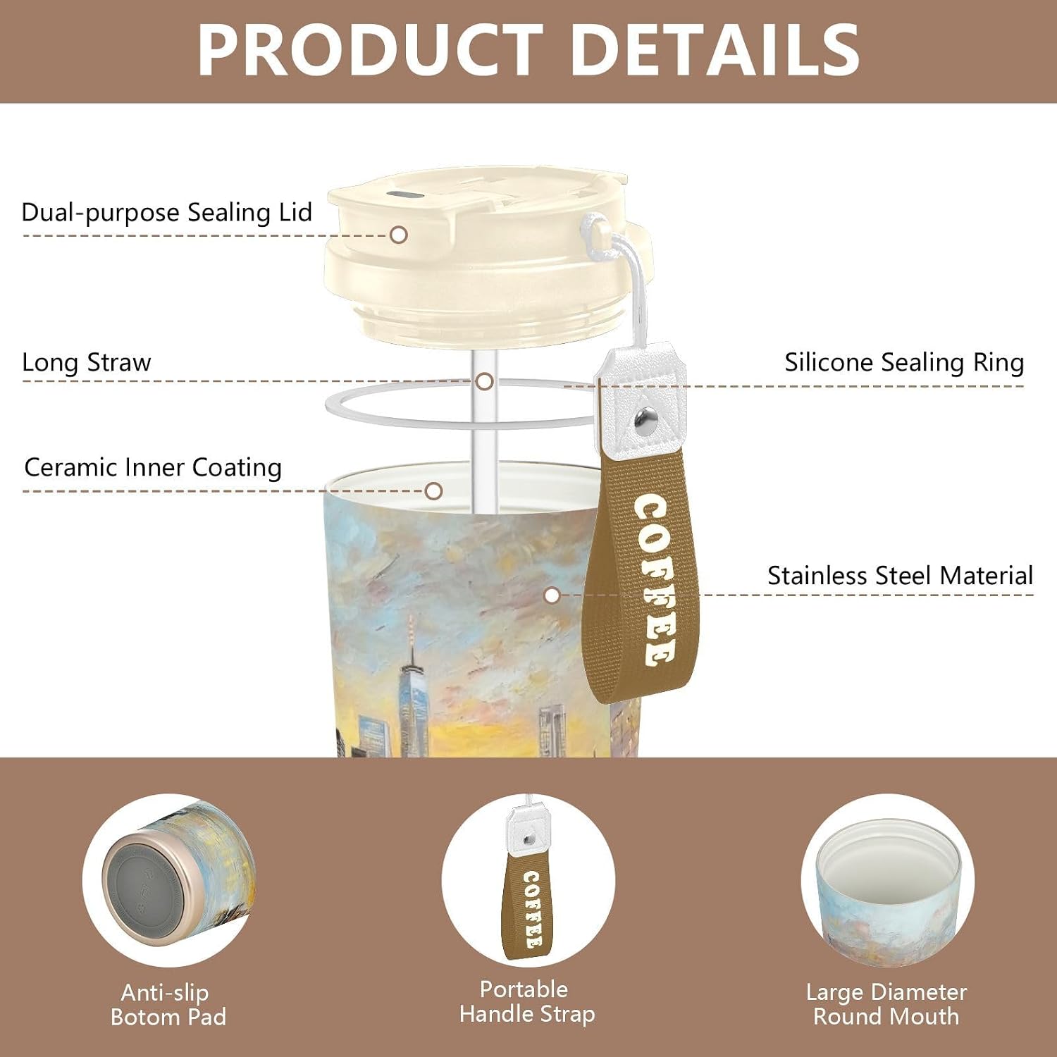 Brooklyn Bridge Skyline Insulated Coffee Mug with Straw & Flip Lid, 16.9oz Iced Tumbler Cup, Double Wall Vacuum Leak-Proof Mug for Travel Office