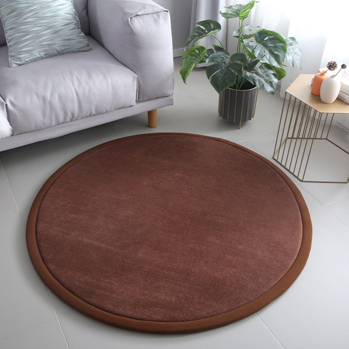 Dmkjdzsw Round Play Mat Carpet for Children Kids Room, Coral Velvet Crawling Mat for Nursery Baby, Thick 2cm- brown-∅110cm