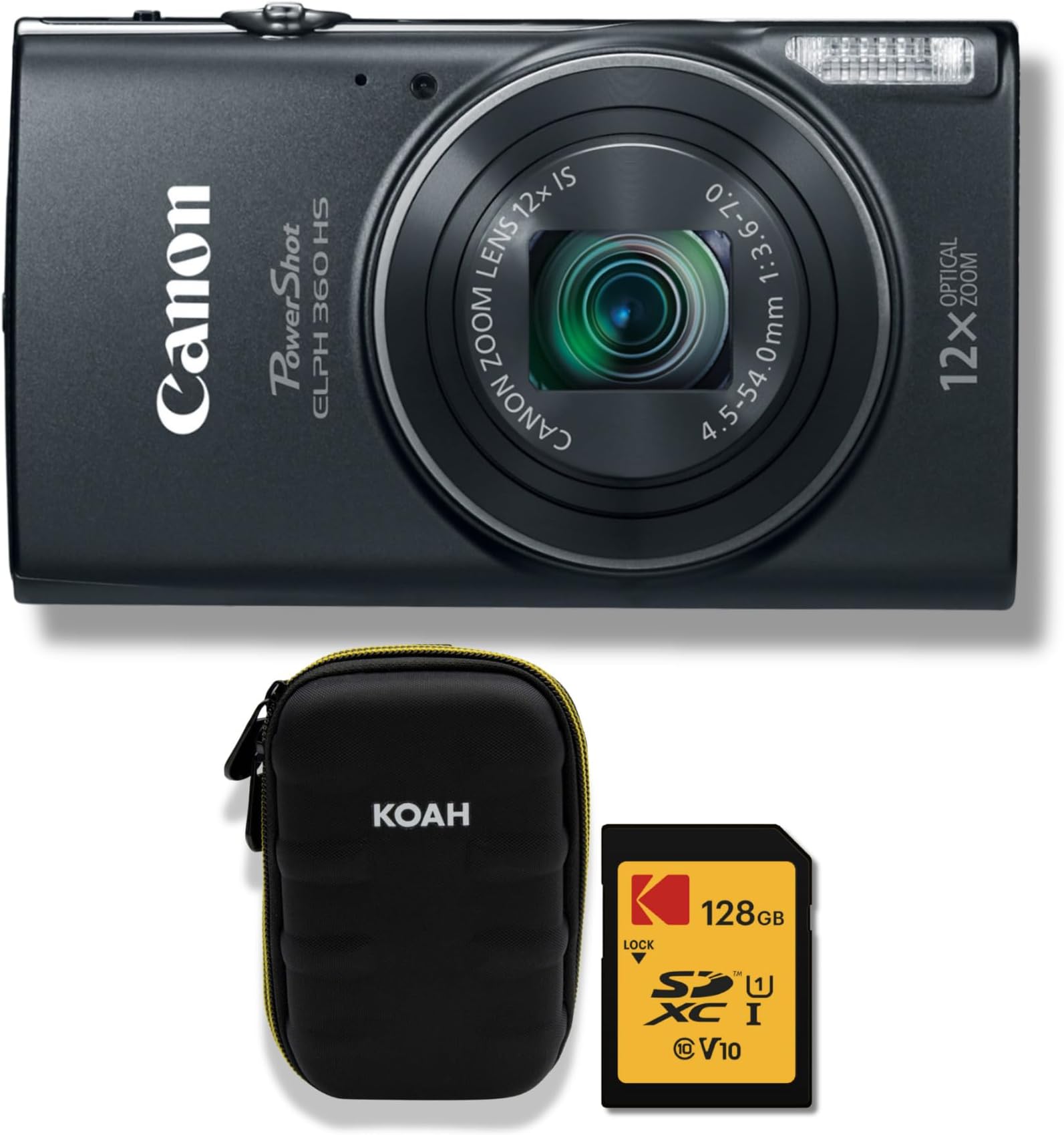 Canon PowerShot ELPH 360 HS 20.2 MP CMOS Image Sensor DIGIC 4+ Image Processor Digital Camera (Black) Bundle with Memory Card and Camera Case (3 Items)