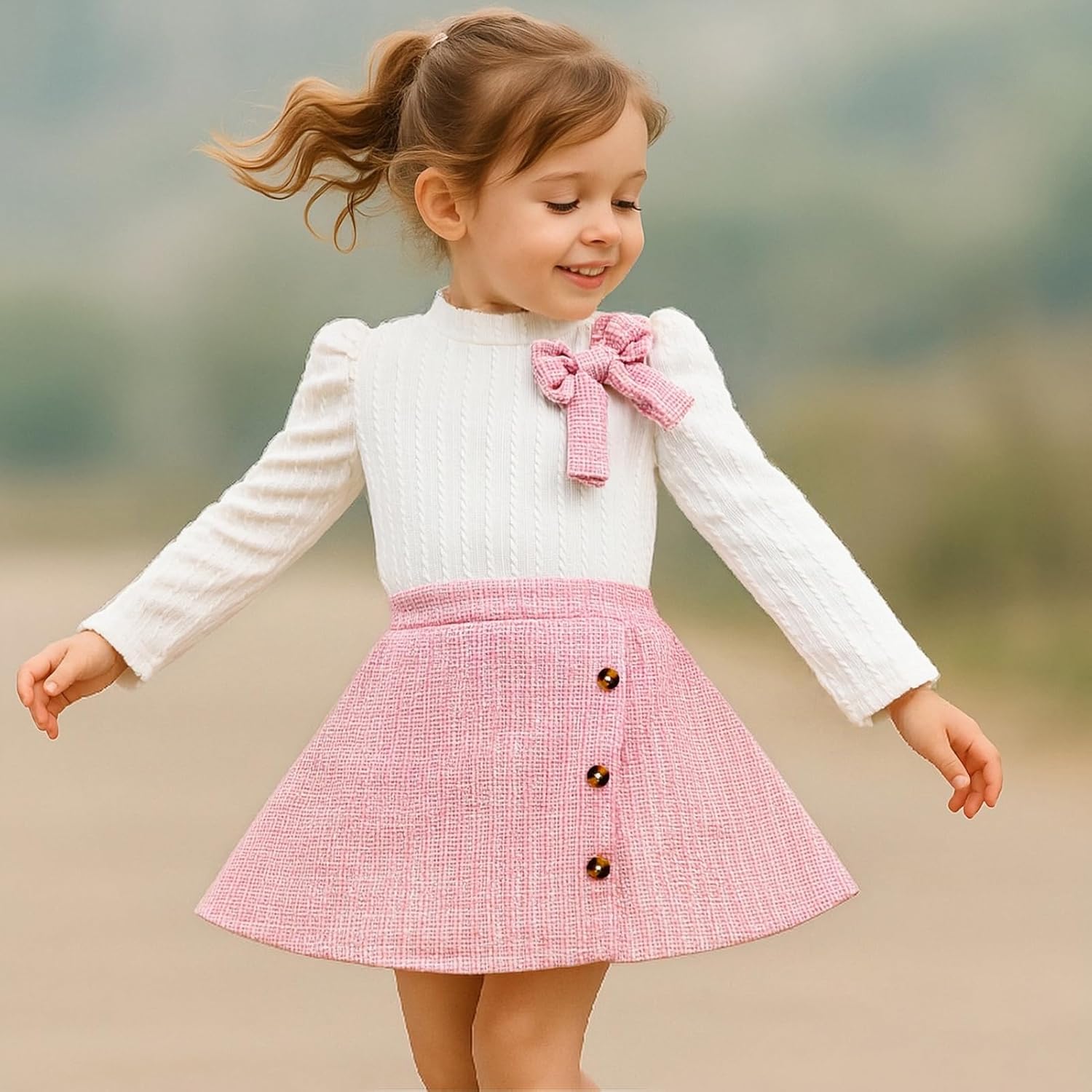 Toddler Girl Plaid Outfits Fall Winter Dress Knit Ribbed Bow Sweatshirt Tops and Button Fashion Skirts Set - Image 2