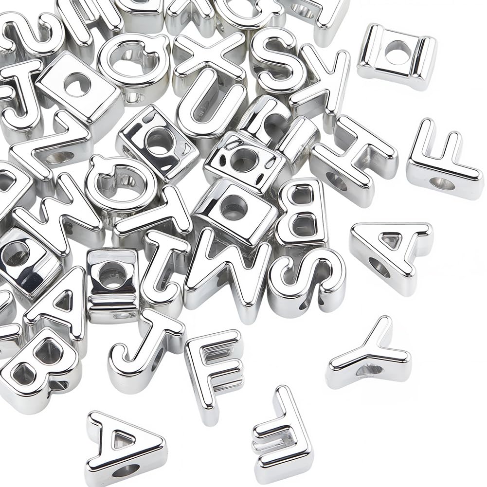 SOFPLATE 50Pcs Letter Shaped Beads Silver Alphabet Acrylic Beads Bulk Random Styles Plastic Opaque Smooth Shiny Letter Spacers for Jewellery Making Findings Keychain DIY Crafts Bracelet Earrings Adult โ image 1