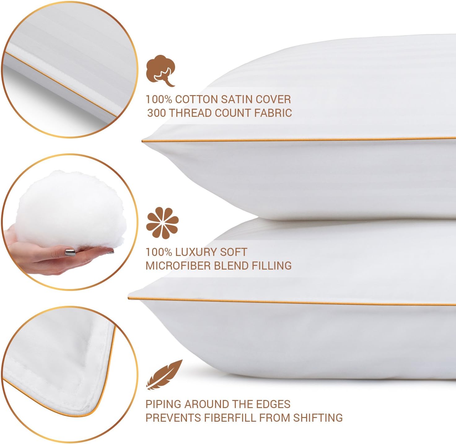 5 STARS UNITED Standard Size Pillows - Set of 2, 20x26, Super Soft Fiber Fill - Striped Satin Cotton Covers