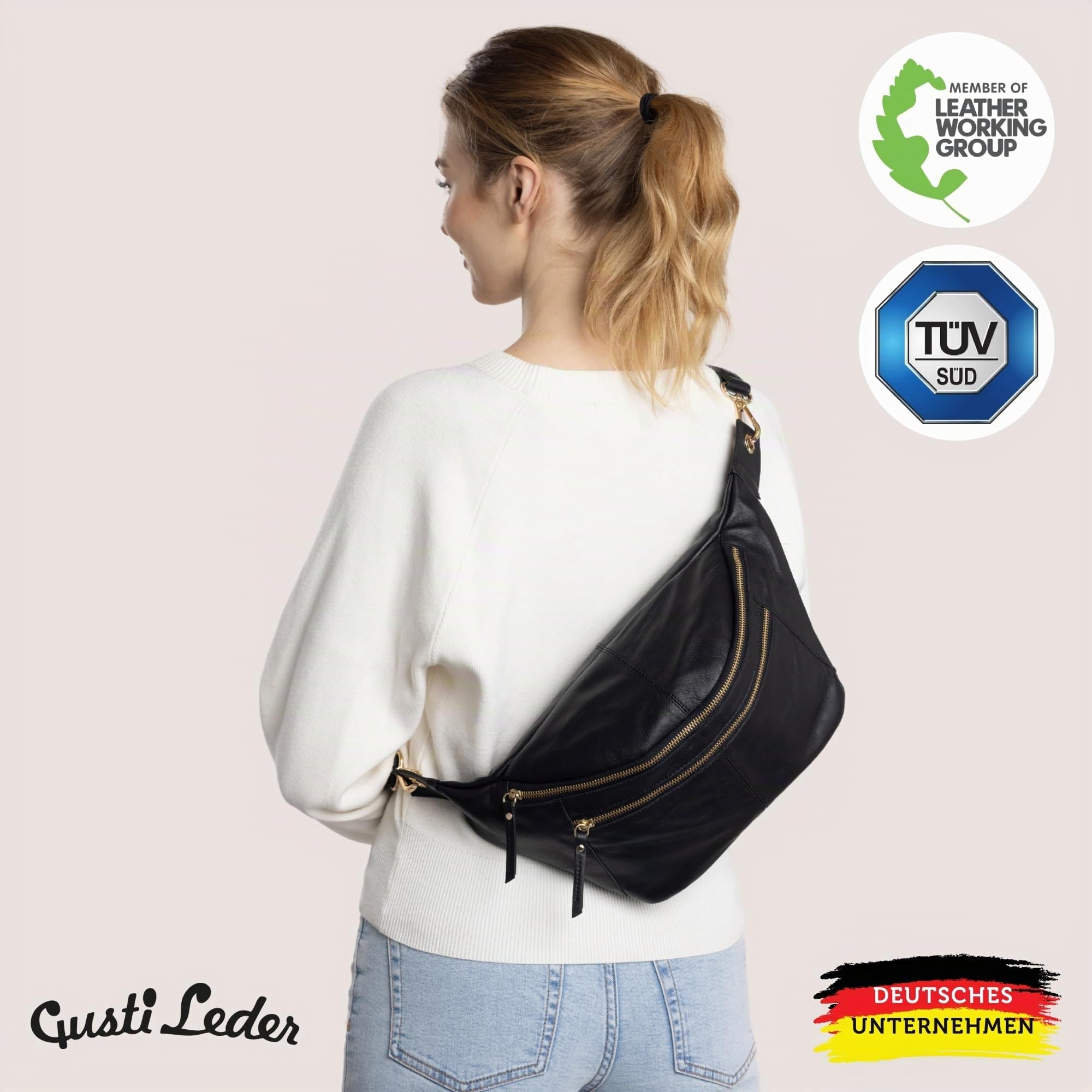 Gusti Leder Bauchtasche Freya - Damen Gürteltasche Schwarz Echtleder Hüfttasche mit Verstellbarem Gürtel - Vintage Festivaltasche für Damen und Herren