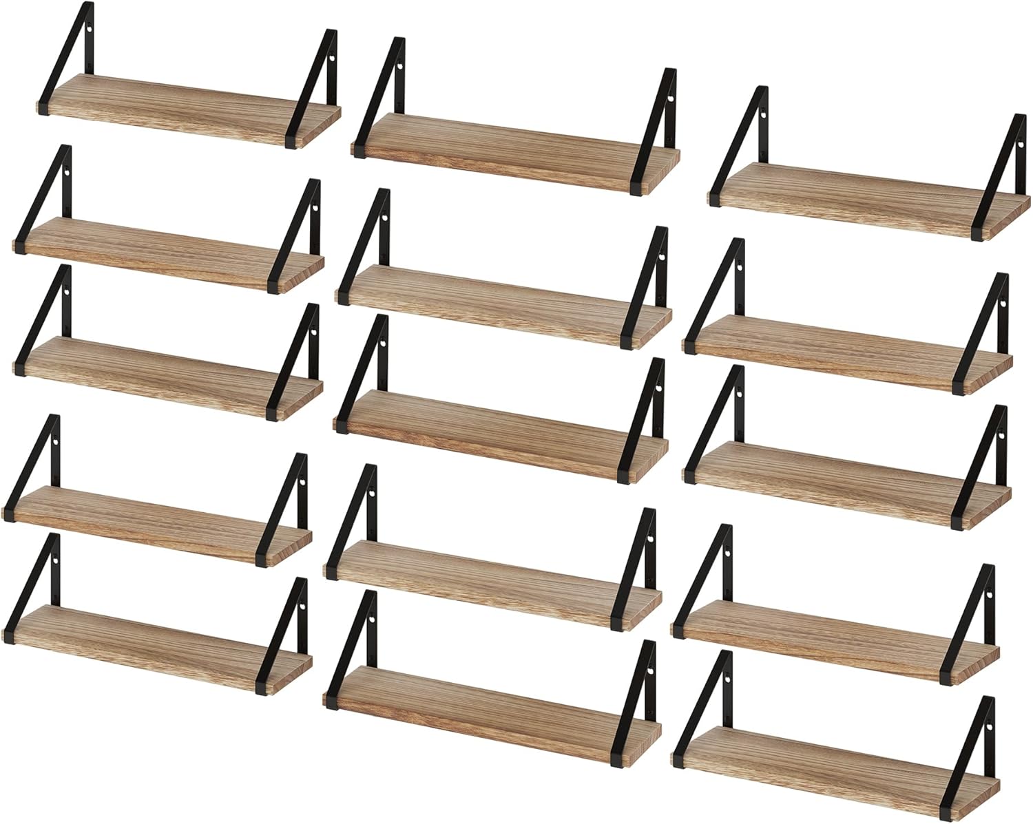 Wallniture Ponza 17'' x 4.5'' Floating Wall Shelf Bathroom, Small Wood Book Shelves for Wall Storage, Wall Mounted Shelf, Dining Room, Bedroom, Living Room, Office & Kitchen Organization, Burnt, 15pcs