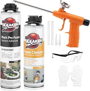 Kraken Bond Black Spray Waterfall Foam Sealant - (1x24oz) Expanding Polyurethane Pond Foam Sealer Black, UV Resistant Insulating Spray for Landscape & Exterior, Gun Use, Gun Included, 1 Pack