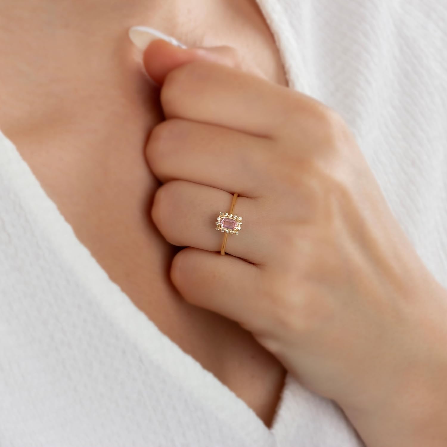 Pink Tourmaline Rectangle Ring with Real Diamonds in 14K Solid Gold | October Birthstone