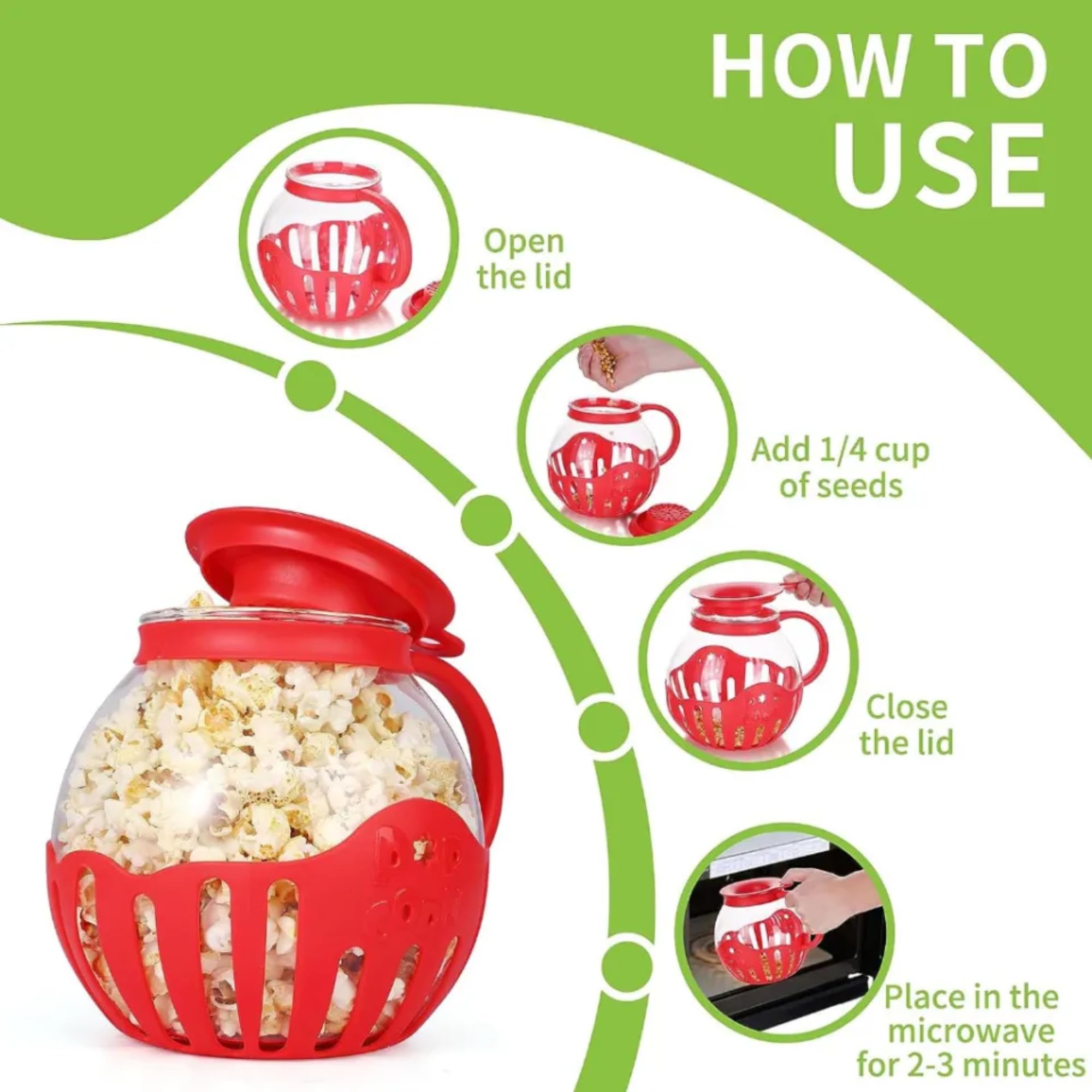 Mikrowellen-Popcorn-Popcorn-Popper, hergestellt aus Borosilikatglas, 3-in-1-Deckel, Silikon-Außenseite und Deckel sorgen für sicheren Halt, Mikrowellen-Popcorn-Macher, 1,5 l