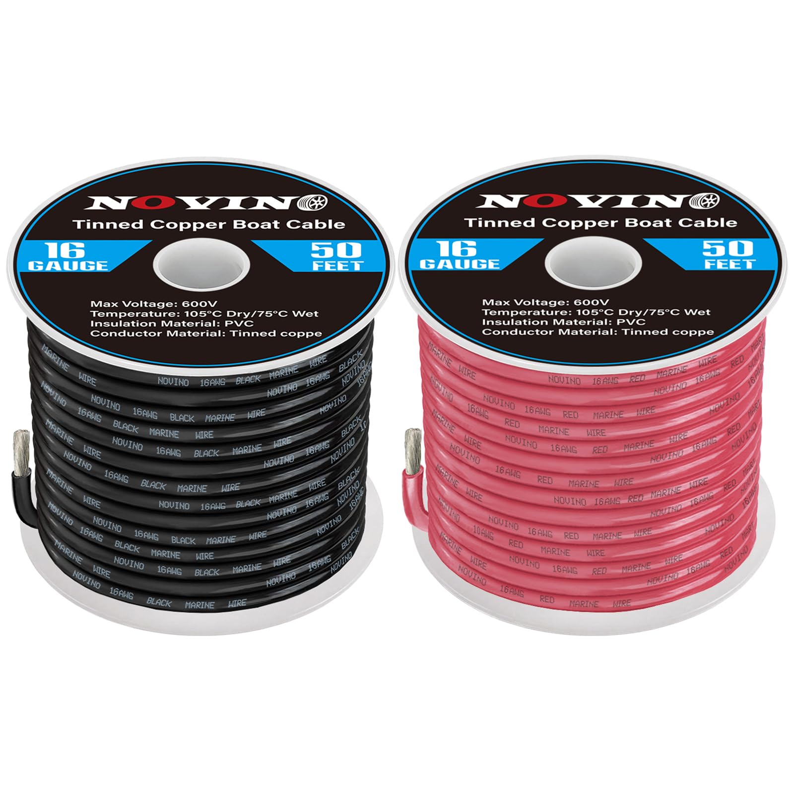 16 Gauge Marine Wire 16 AWG Marine Grade Wire Include 16 AWG 50FT Red & 50FT Black,16 Gauge Tinned Copper Oxygen-Free Boat Electrical Cable for