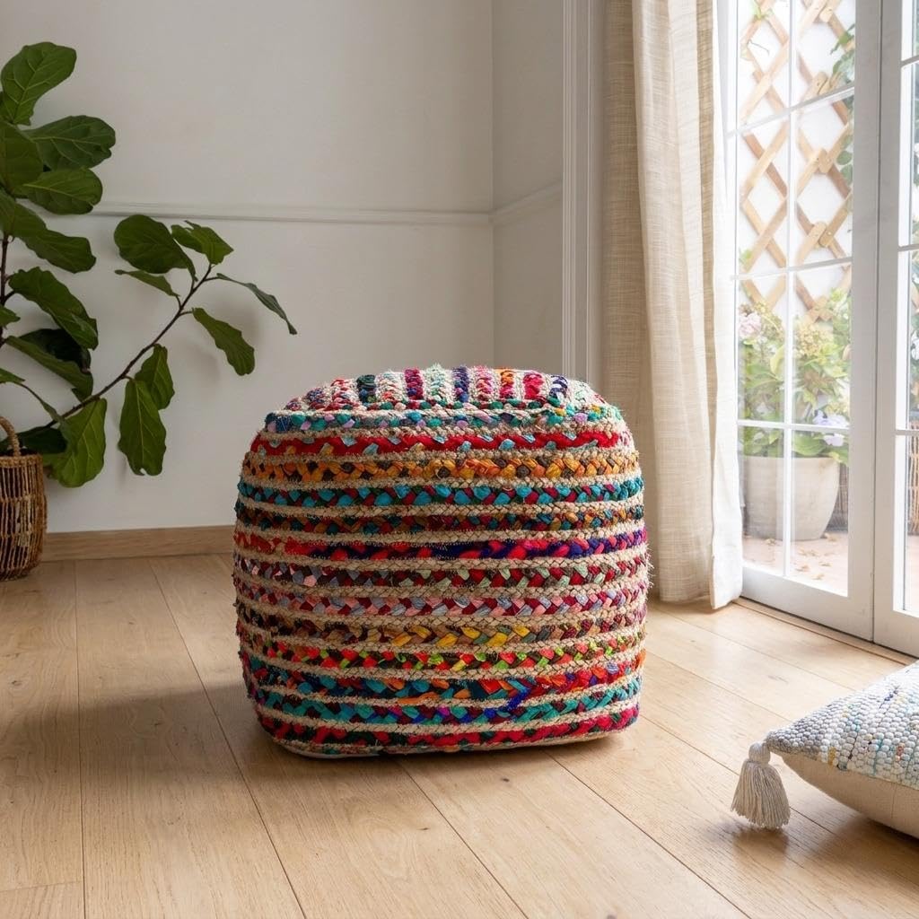 LR Home Indoor Ottoman Pouf for Home décor | Bohemian Striped Pouffe for Living Room, Bedroom, Lounge, Nursery, Kidsroom | 18" x 18" x 18", Natural/Multicolor