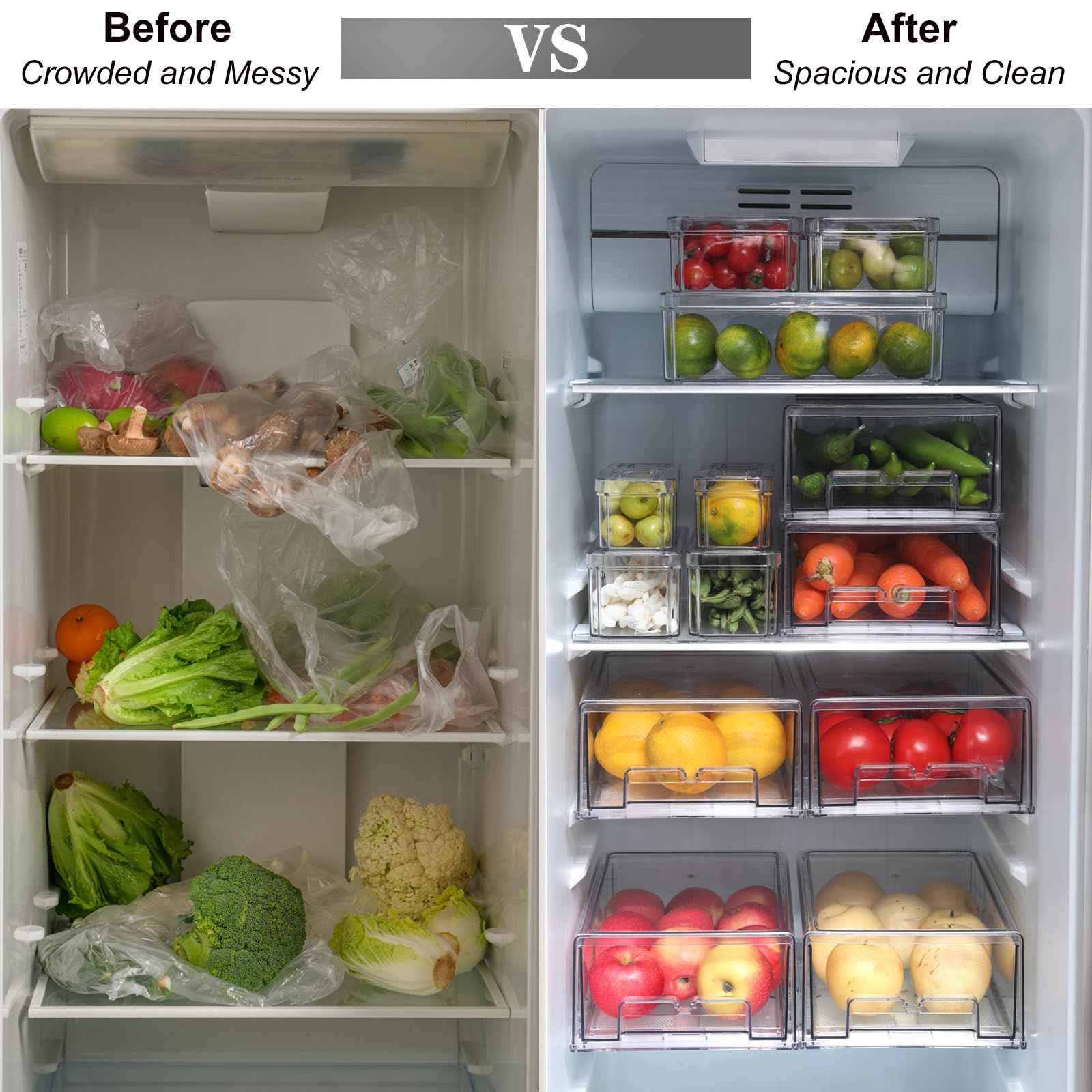 Taiuloo Paquete de 2 cajones de refrigerador, contenedores organizadores transparentes para refrigerador con cajón extraíble, contenedores de almacenamiento de alimentos sin BPA, caja de