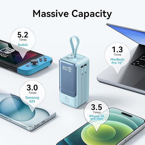 Miniatura 4 de Cargador portátil de carga rápida, 18400 mAh, 65 W, pantalla LED, batería esencial de viaje con cables USB-C y Lightning integrados para iPhone