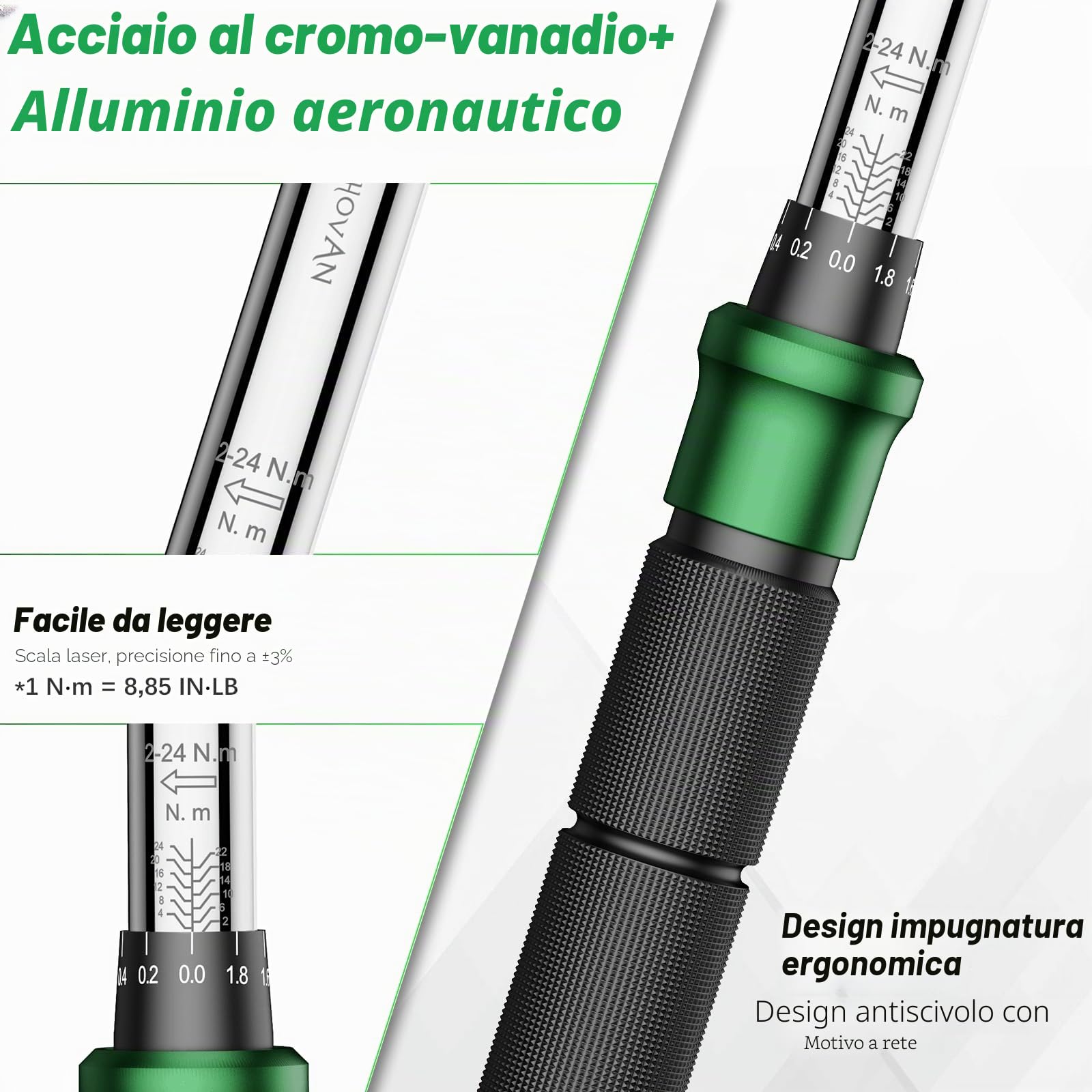Chiave Dinamometrica Bici, Set Chiavi a Cricchetto 1/4 di Pollice 2-24 Nm, Cricchetto Reversibile a 72 Denti, Precisione di Errore ± 3%, con Adattatore da 3/8", Punte Phillips Hex e Torx