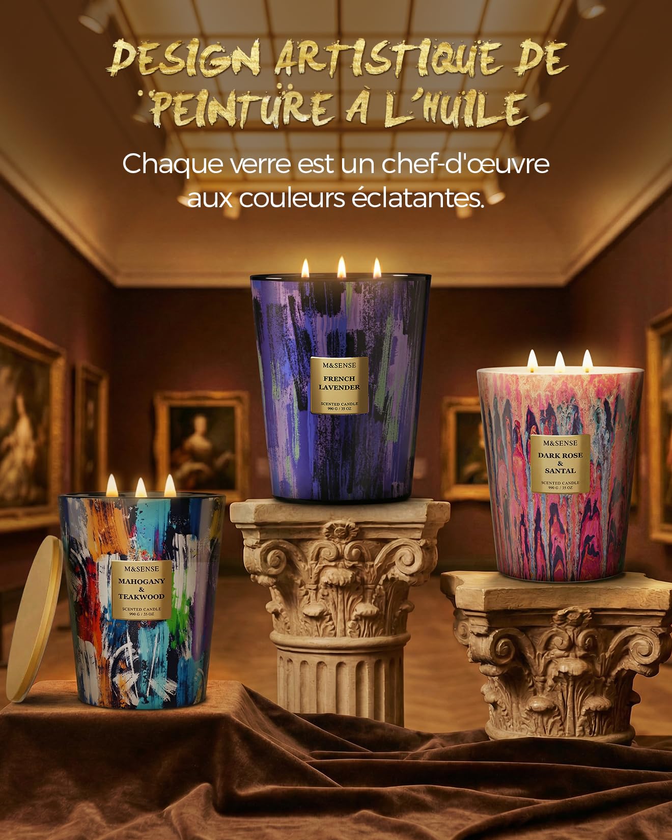 M&SENSE Grande Bougie Parfumée 3 Mèches, 990g Cire de Soja Acajou et Bois de Teck, 150 Heures, Bougie Décorative Luxe Verre Peinture à l'Huile, Cadeau Maison Bureau Concentration Homme Femme