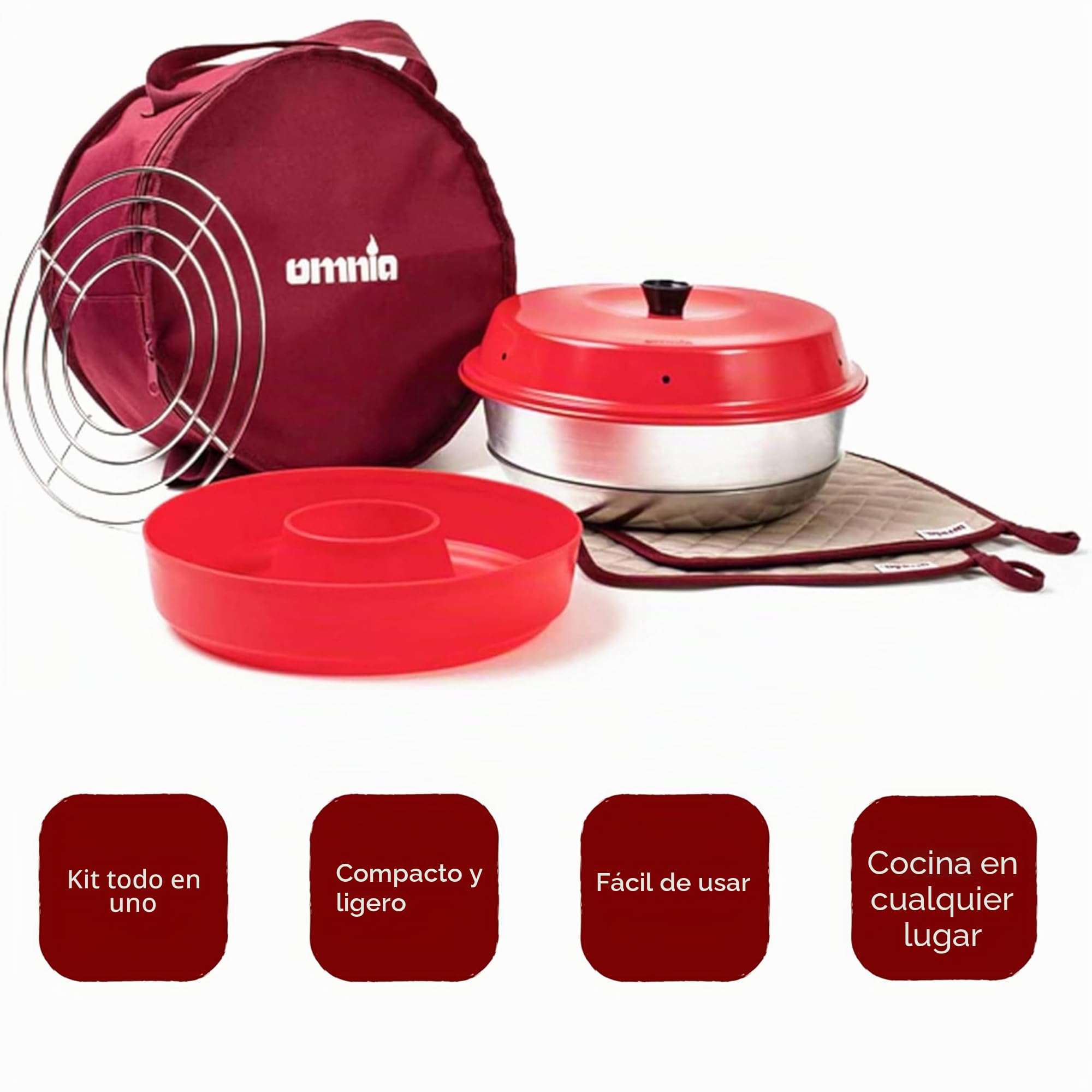 OMNIA Kit de horno con accesorios – Set con horno de camping, molde de silicona, rejilla para hornear, bolsa y agarraderas
