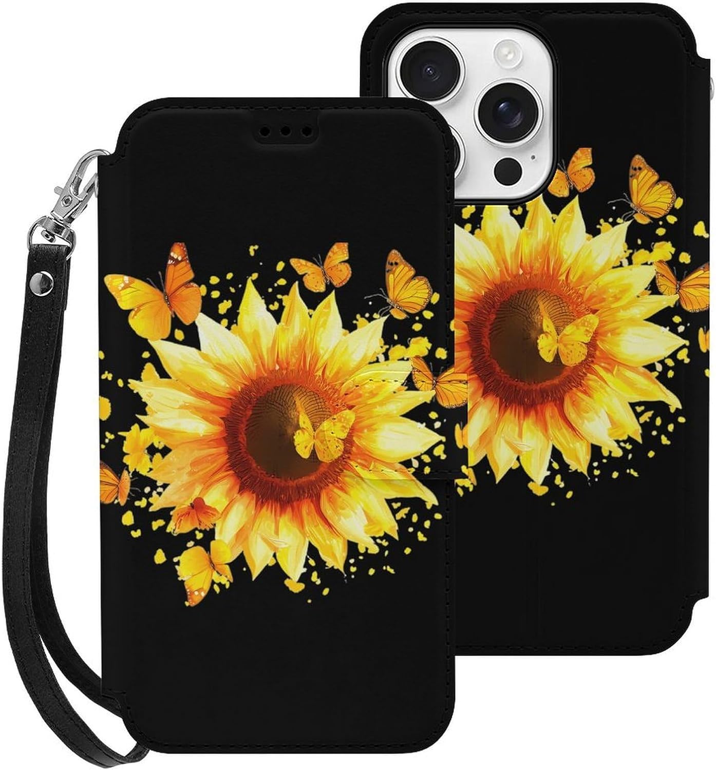 Sunflower with Yellow Butterflies Compatible with iPhone 16/16 Plus/16 Pro/16 Pro Max/16 E Case Phone Wallet Card Holder Flip Cover with Wrist Strap
